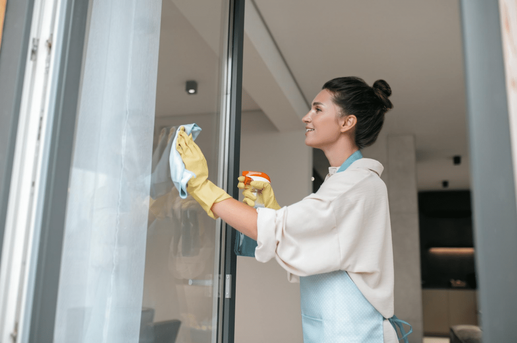 žena umýva sklo na balkónových dverách - Sklofix.sk